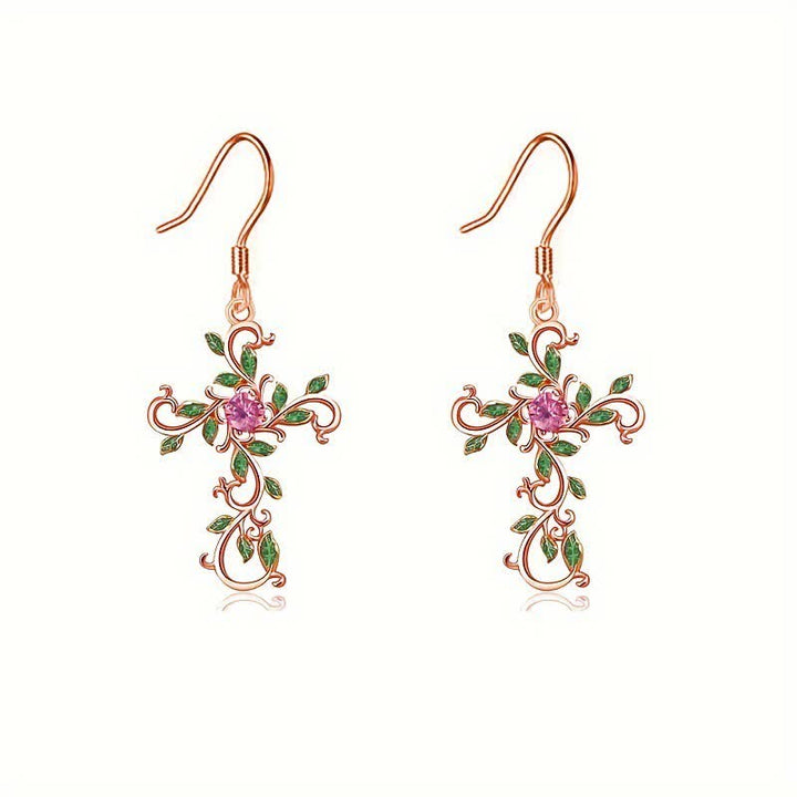 Christianartworkshop Openwork Scroll Vine Cross Gem Pendant & Earring Set - Rose Gold - Earrings - image 5