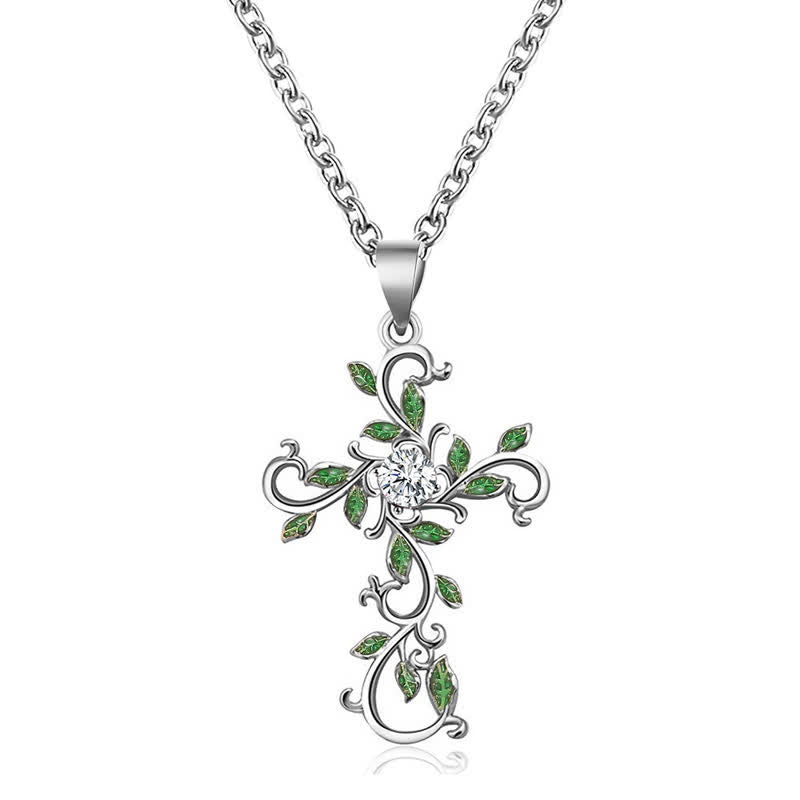 Christianartworkshop Openwork Scroll Vine Cross Gem Pendant & Earring Set - Silver - Necklace - image 2