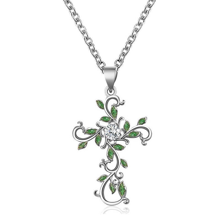 Christianartworkshop Openwork Scroll Vine Cross Gem Pendant & Earring Set - Silver - Necklace - image 2