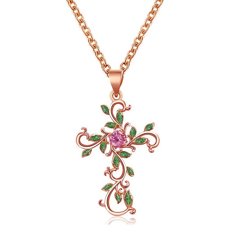 Christianartworkshop Openwork Scroll Vine Cross Gem Pendant & Earring Set - Rose Gold - Necklace - image 0