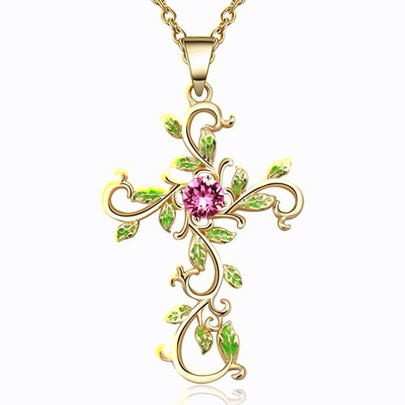 Christianartworkshop Openwork Scroll Vine Cross Gem Pendant & Earring Set - Golden - Necklace - image 3