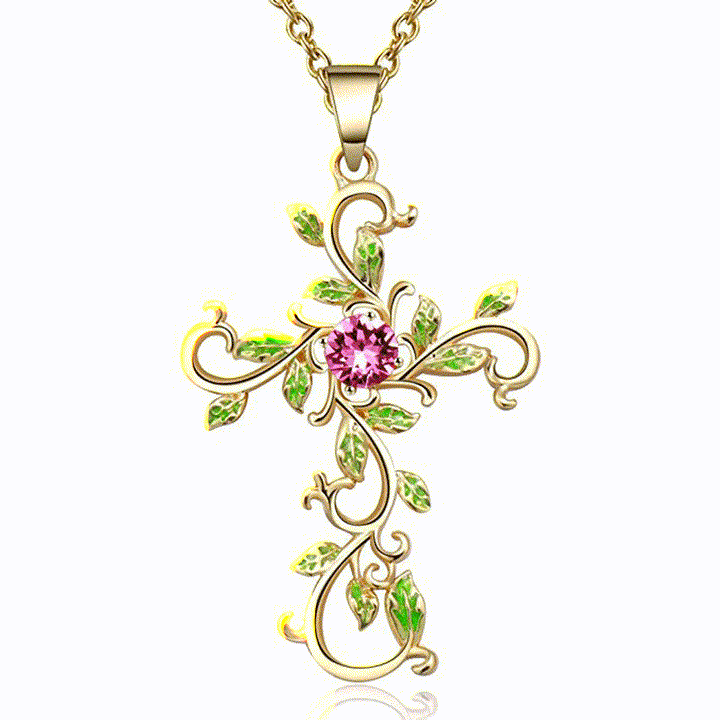 Christianartworkshop Openwork Scroll Vine Cross Gem Pendant & Earring Set - Golden - Necklace - image 3