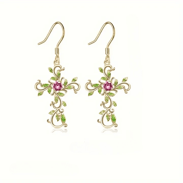 Christianartworkshop Openwork Scroll Vine Cross Gem Pendant & Earring Set - Golden - Earrings - image 7