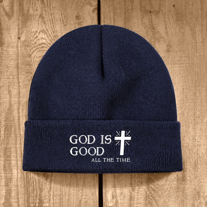 Christianartworkshop God Is Good All The Time Unisex Cotton Knit Beanie - Navy Blue - image 0