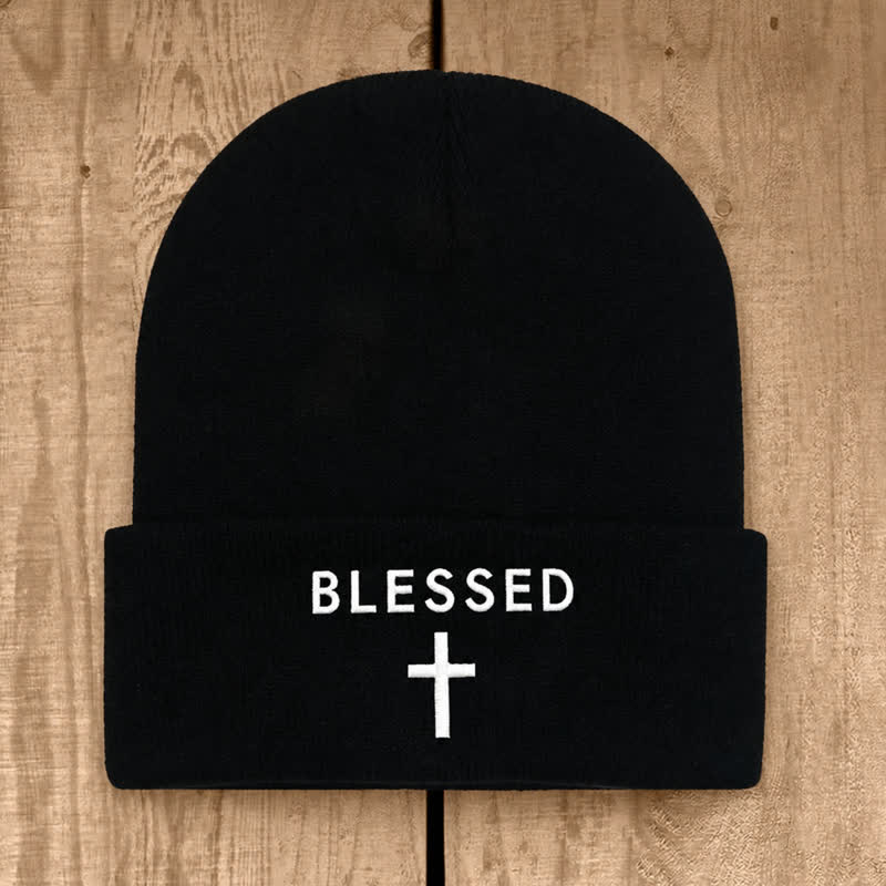 Christianartworkshop Blessed Cross Print Unisex Cotton Knit Beanie - Black - image 1
