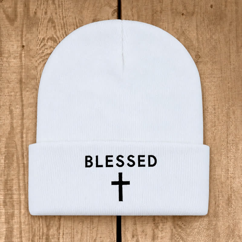 Christianartworkshop Blessed Cross Print Unisex Cotton Knit Beanie - White - image 2