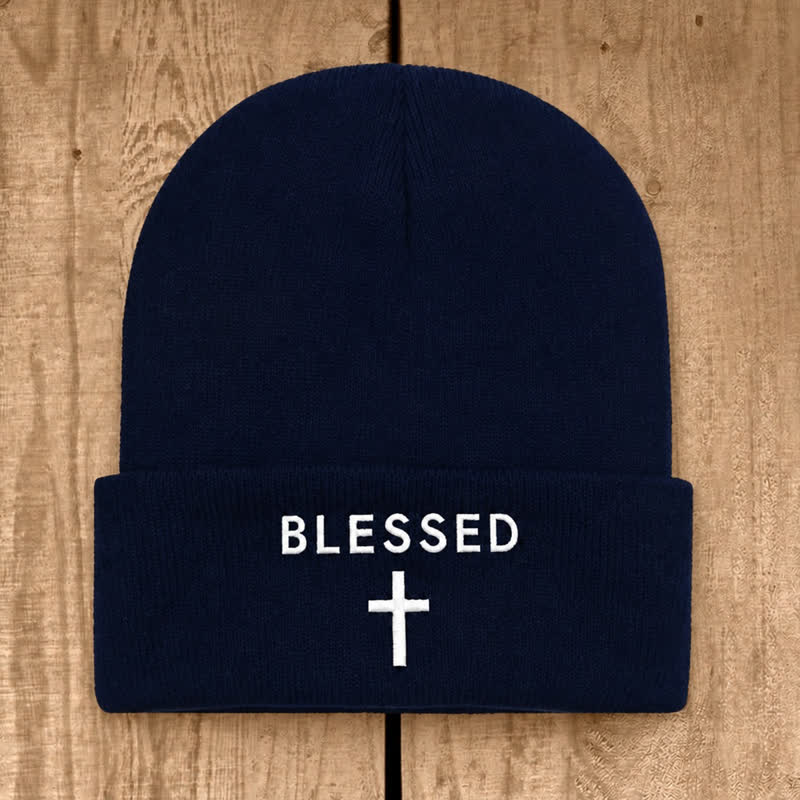 Christianartworkshop Blessed Cross Print Unisex Cotton Knit Beanie - Navy Blue - image 18