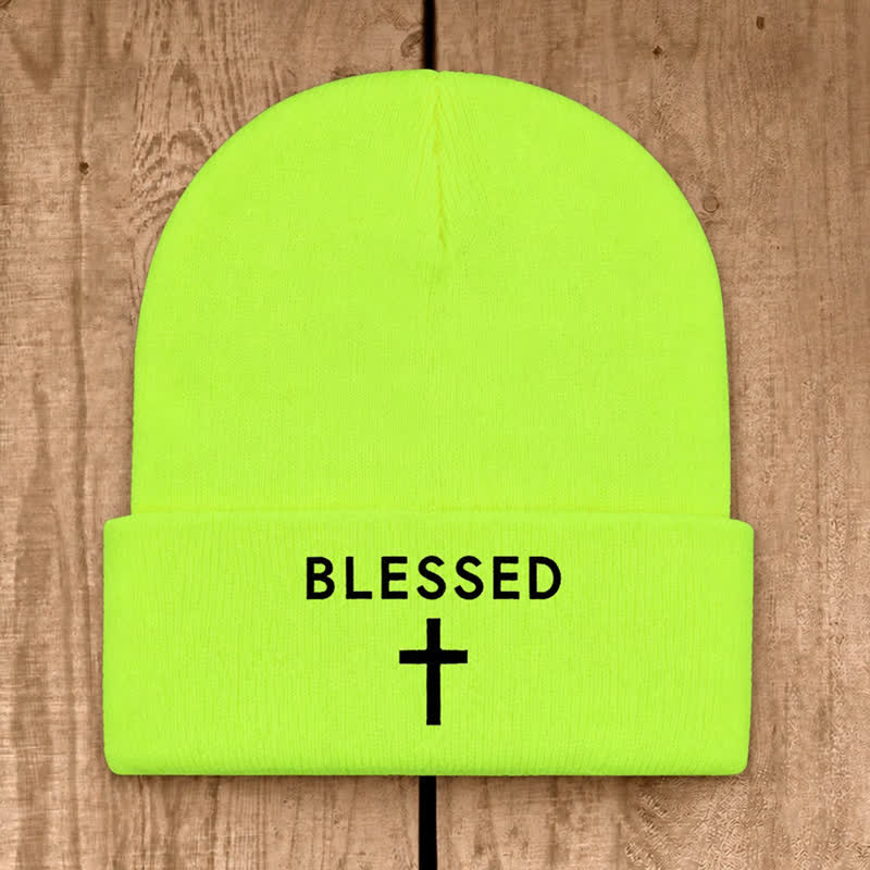 Christianartworkshop Blessed Cross Print Unisex Cotton Knit Beanie - Neon Yellow - image 25