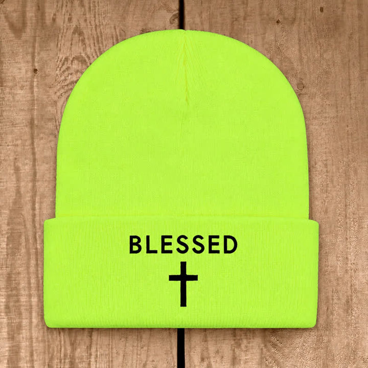 Christianartworkshop Blessed Cross Print Unisex Cotton Knit Beanie - Neon Yellow - image 25