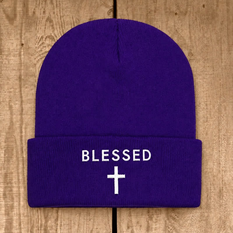 Christianartworkshop Blessed Cross Print Unisex Cotton Knit Beanie - Dark Purple - image 21