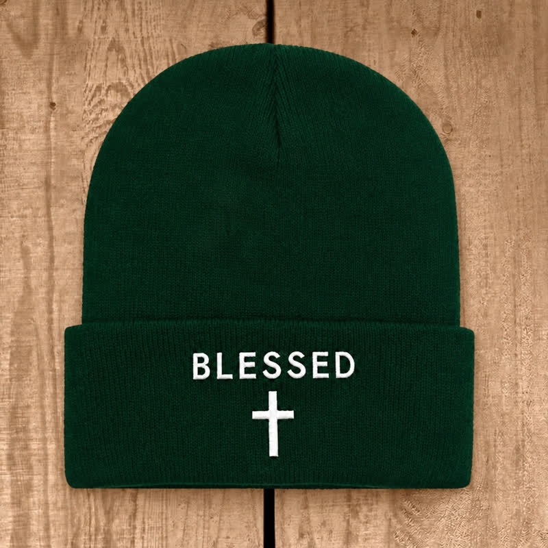Christianartworkshop Blessed Cross Print Unisex Cotton Knit Beanie - Dark Green - image 14