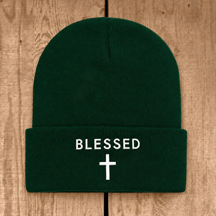 Christianartworkshop Blessed Cross Print Unisex Cotton Knit Beanie - Dark Green - image 14