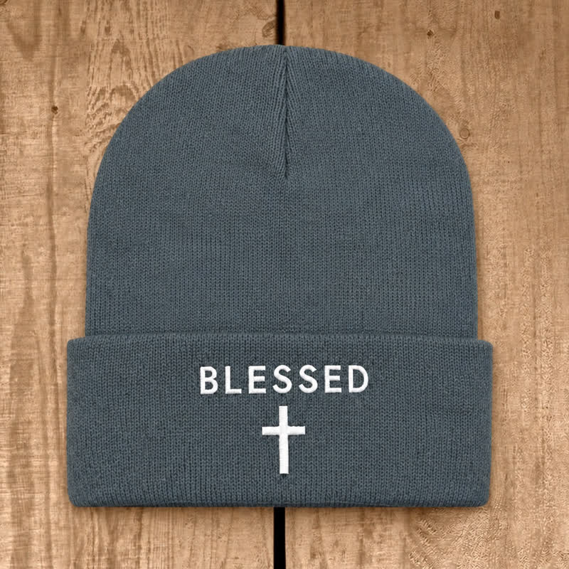 Christianartworkshop Blessed Cross Print Unisex Cotton Knit Beanie - Silver Grey - image 26