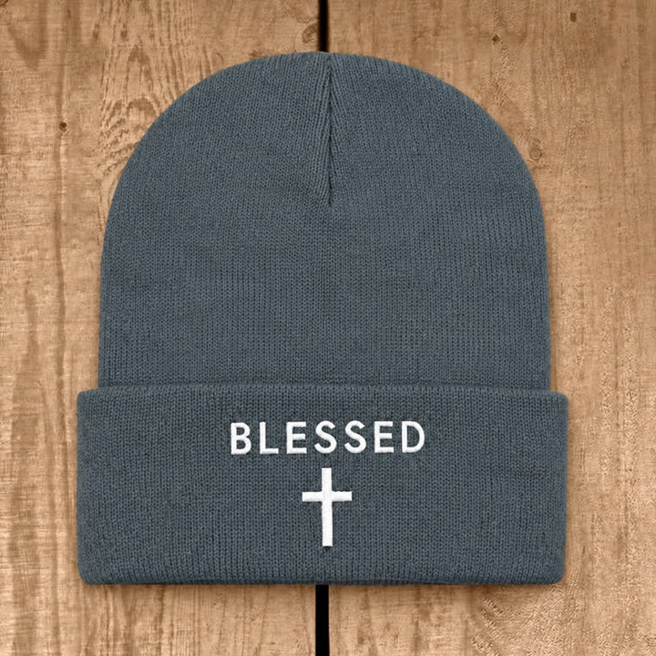 Christianartworkshop Blessed Cross Print Unisex Cotton Knit Beanie - Silver Grey - image 26