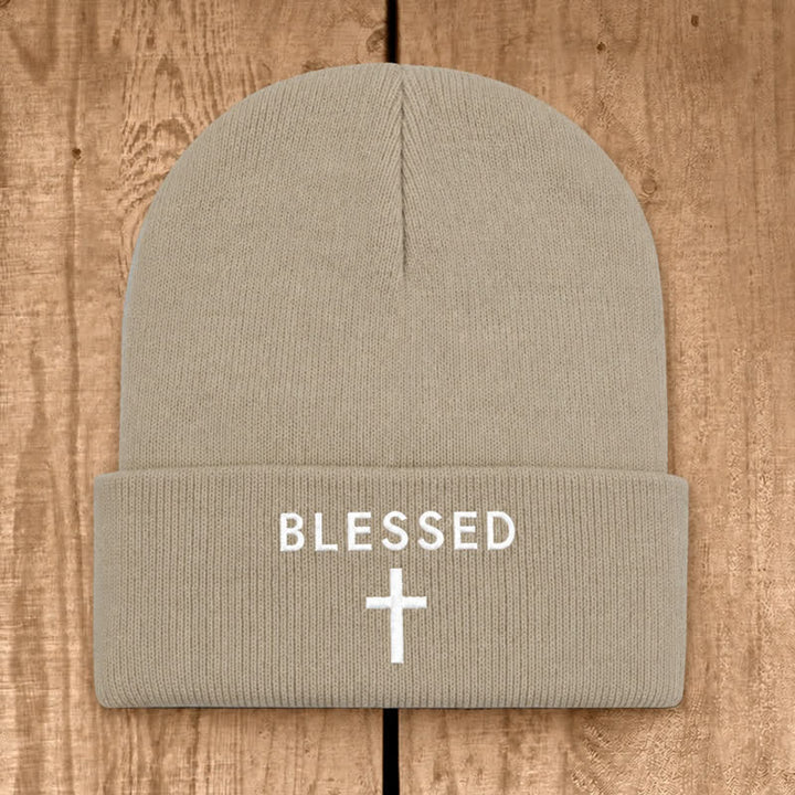 Christianartworkshop Blessed Cross Print Unisex Cotton Knit Beanie - Beige - image 3