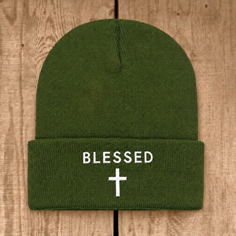 Christianartworkshop Blessed Cross Print Unisex Cotton Knit Beanie - Army Green - image 15