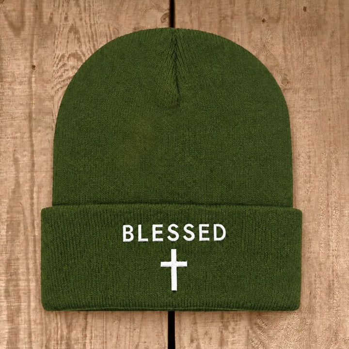 Christianartworkshop Blessed Cross Print Unisex Cotton Knit Beanie - Army Green - image 15