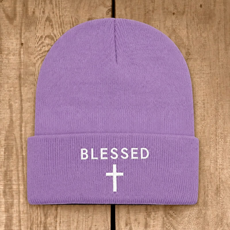 Christianartworkshop Blessed Cross Print Unisex Cotton Knit Beanie - Light Purple - image 19