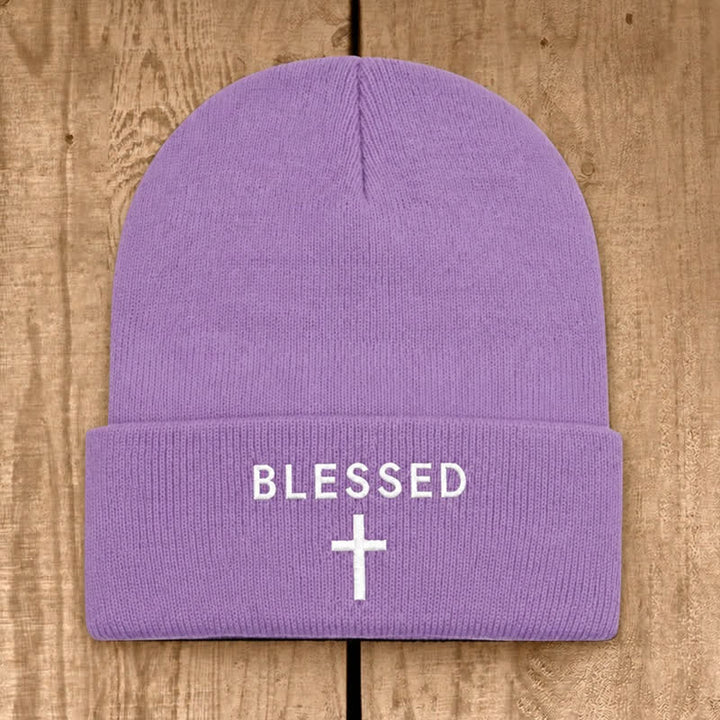 Christianartworkshop Blessed Cross Print Unisex Cotton Knit Beanie - Light Purple - image 19