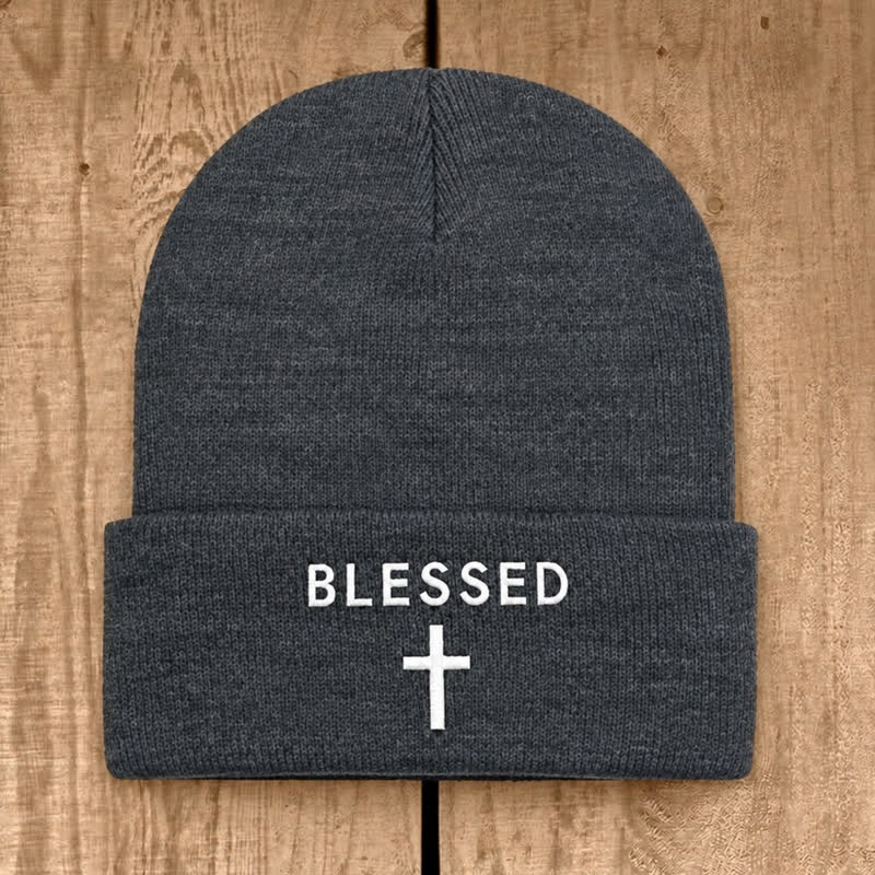 Christianartworkshop Blessed Cross Print Unisex Cotton Knit Beanie - Dark Heather Gray - image 5