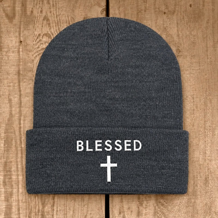 Christianartworkshop Blessed Cross Print Unisex Cotton Knit Beanie - Dark Heather Gray - image 5