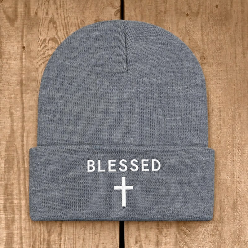 Christianartworkshop Blessed Cross Print Unisex Cotton Knit Beanie - Light Heather Gray - image 4