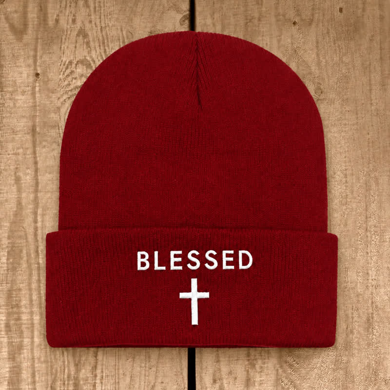 Christianartworkshop Blessed Cross Print Unisex Cotton Knit Beanie - Wine - image 11