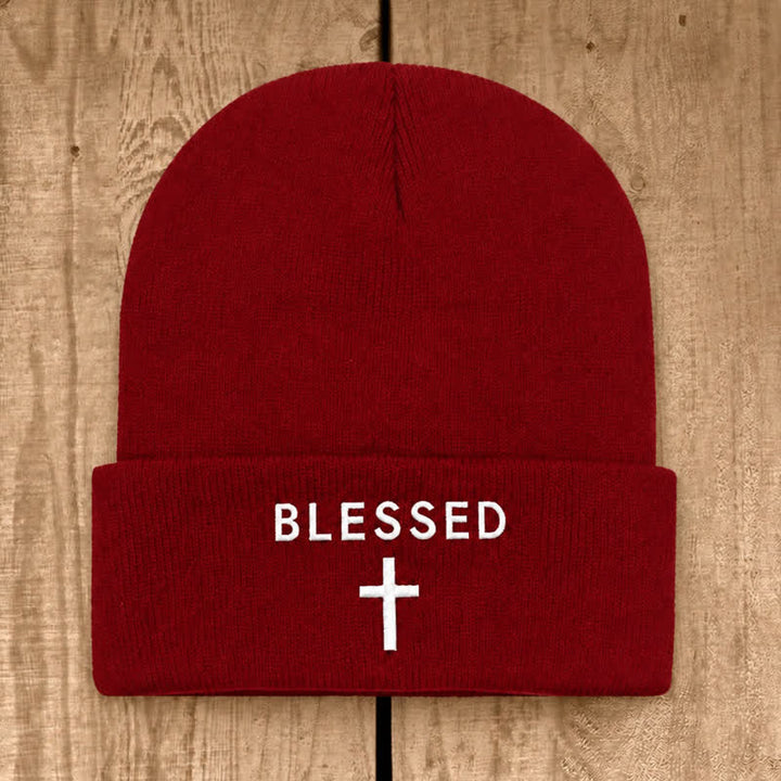 Christianartworkshop Blessed Cross Print Unisex Cotton Knit Beanie - Wine - image 11