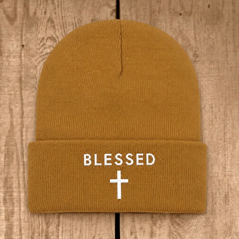 Christianartworkshop Blessed Cross Print Unisex Cotton Knit Beanie - Khaki - image 13