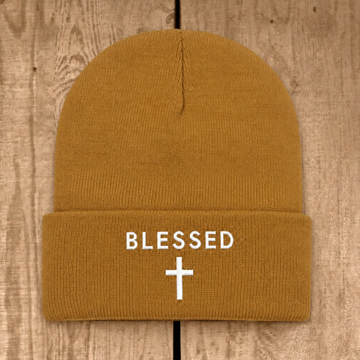 Christianartworkshop Blessed Cross Print Unisex Cotton Knit Beanie - Khaki - image 13