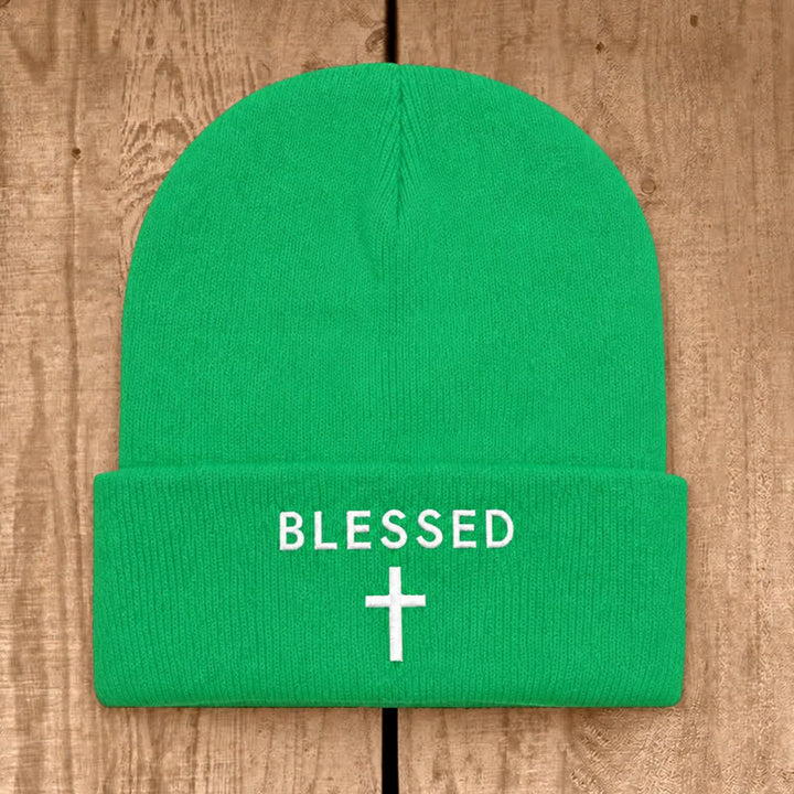 Christianartworkshop Blessed Cross Print Unisex Cotton Knit Beanie - Neon Green - image 24