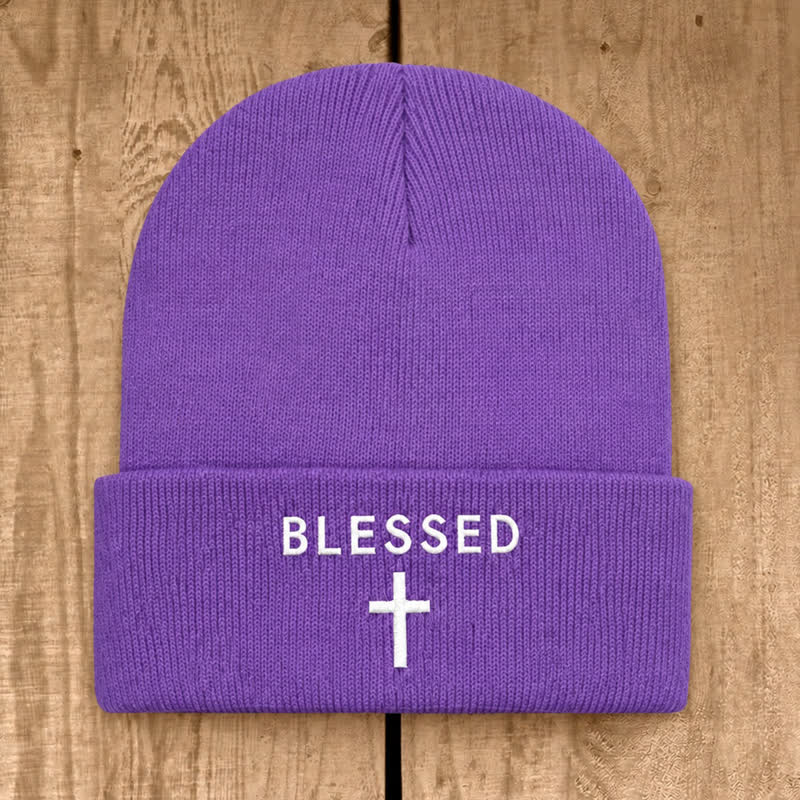 Christianartworkshop Blessed Cross Print Unisex Cotton Knit Beanie - Purple - image 20