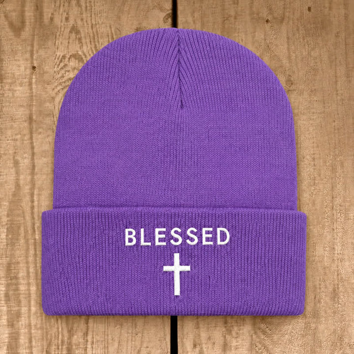 Christianartworkshop Blessed Cross Print Unisex Cotton Knit Beanie - Purple - image 20