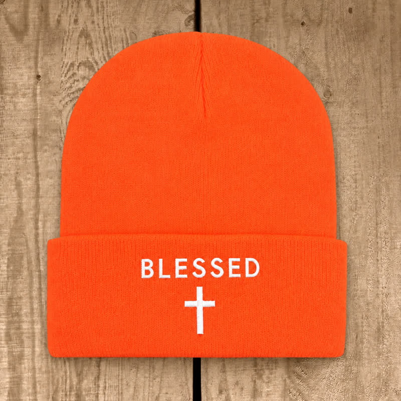 Christianartworkshop Blessed Cross Print Unisex Cotton Knit Beanie - Orange - image 9
