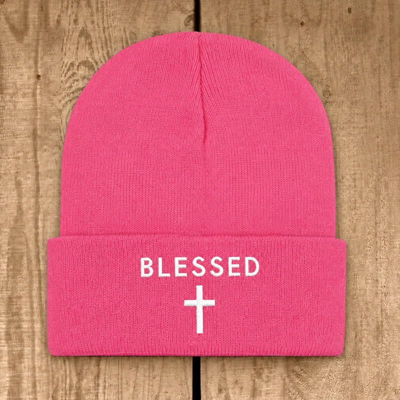 Christianartworkshop Blessed Cross Print Unisex Cotton Knit Beanie - Watermelon Red - image 10
