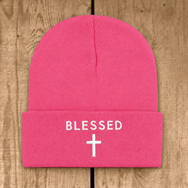 Christianartworkshop Blessed Cross Print Unisex Cotton Knit Beanie - Watermelon Red - image 10
