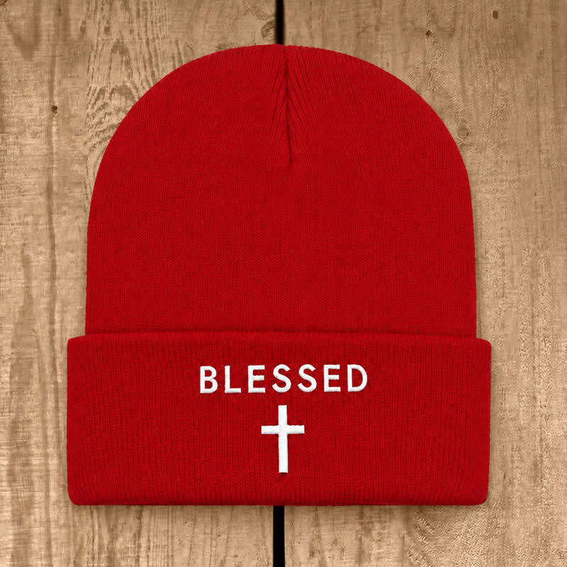 Christianartworkshop Blessed Cross Print Unisex Cotton Knit Beanie - Red - image 6