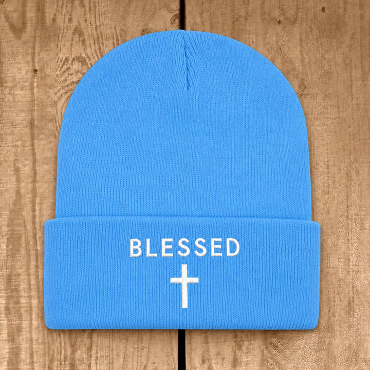 Christianartworkshop Blessed Cross Print Unisex Cotton Knit Beanie - Sky Blue - image 16