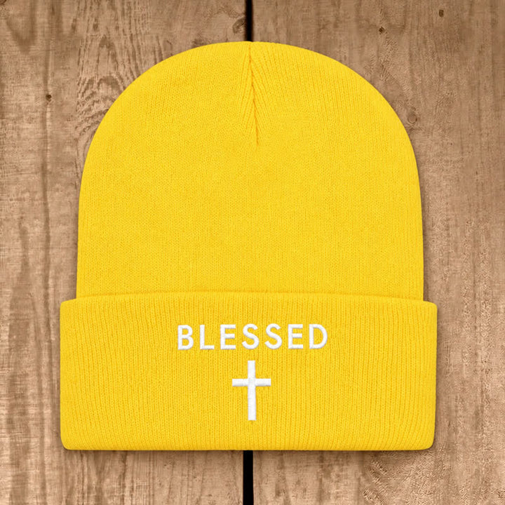 Christianartworkshop Blessed Cross Print Unisex Cotton Knit Beanie - Yellow - image 12