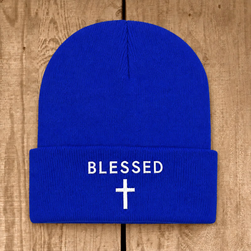Christianartworkshop Blessed Cross Print Unisex Cotton Knit Beanie - Royal Blue - image 17