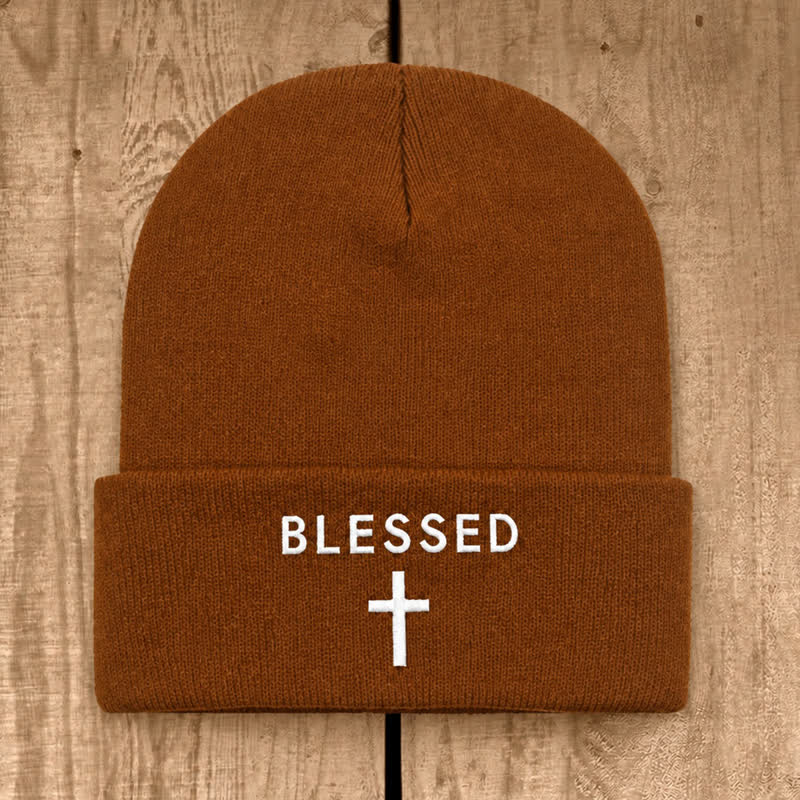 Christianartworkshop Blessed Cross Print Unisex Cotton Knit Beanie - Caramel - image 23