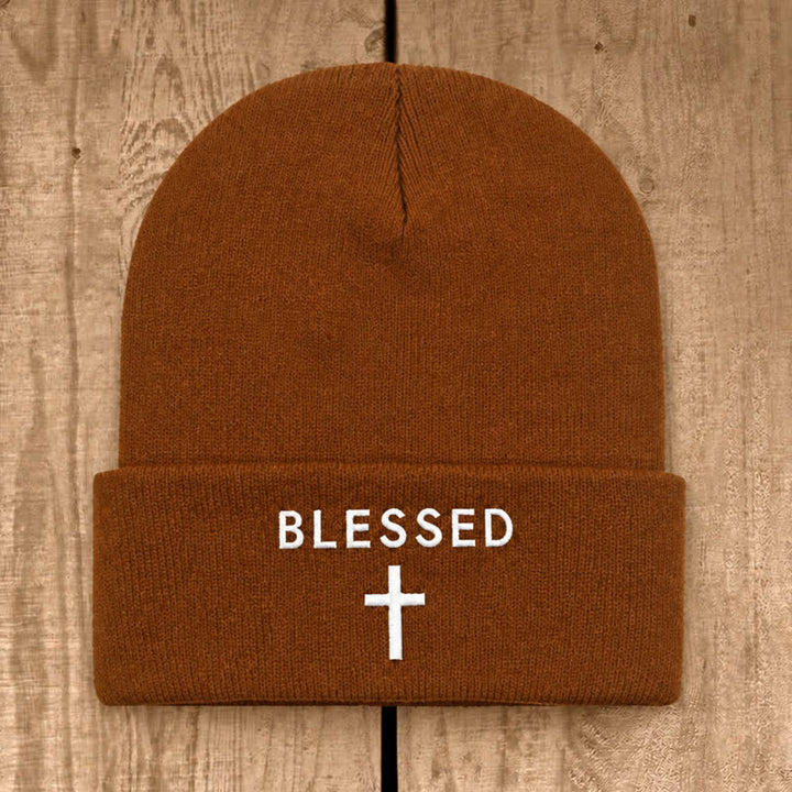 Christianartworkshop Blessed Cross Print Unisex Cotton Knit Beanie - Caramel - image 23