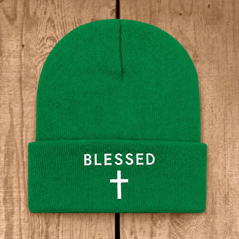 Christianartworkshop Blessed Cross Print Unisex Cotton Knit Beanie - Emerald Green - image 28