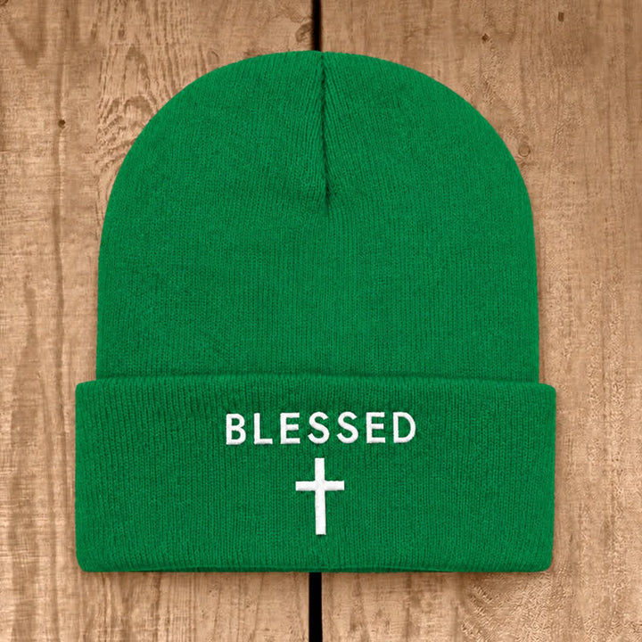 Christianartworkshop Blessed Cross Print Unisex Cotton Knit Beanie - Emerald Green - image 28