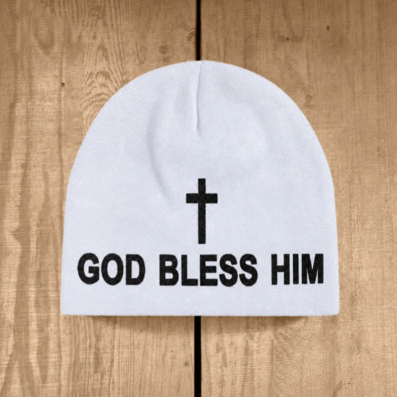 Christianartworkshop God Bless Him Cross Print Unisex Cotton Knit Beanie - White - image 2
