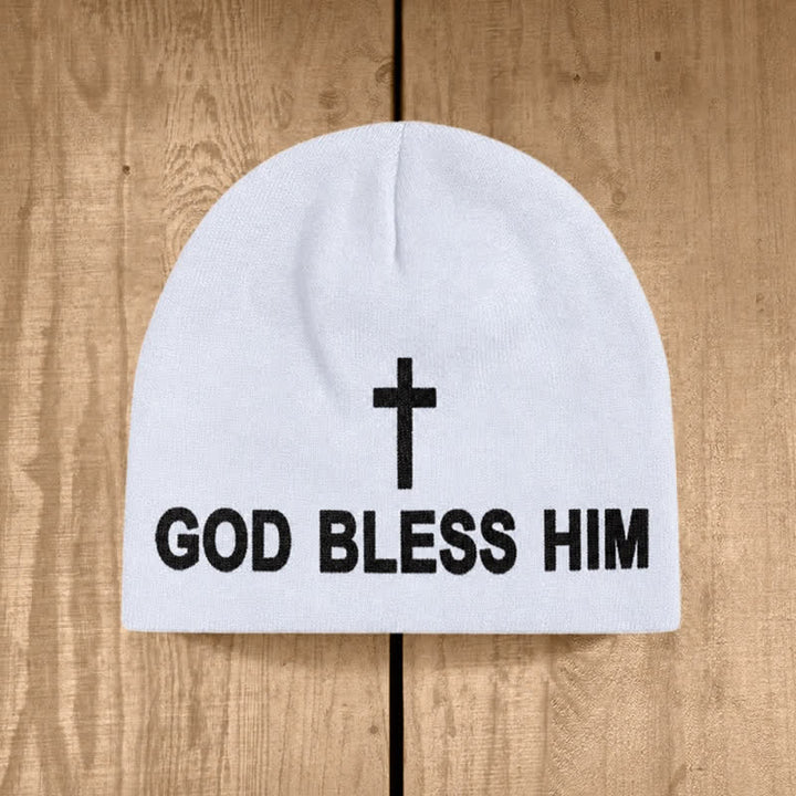 Christianartworkshop God Bless Him Cross Print Unisex Cotton Knit Beanie - White - image 2