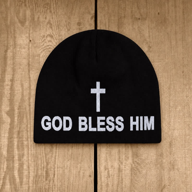 Christianartworkshop God Bless Him Cross Print Unisex Cotton Knit Beanie - Black - image 3