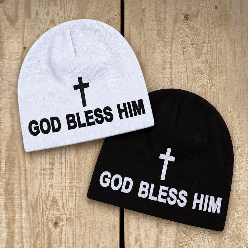 Christianartworkshop God Bless Him Cross Print Unisex Cotton Knit Beanie - image 0