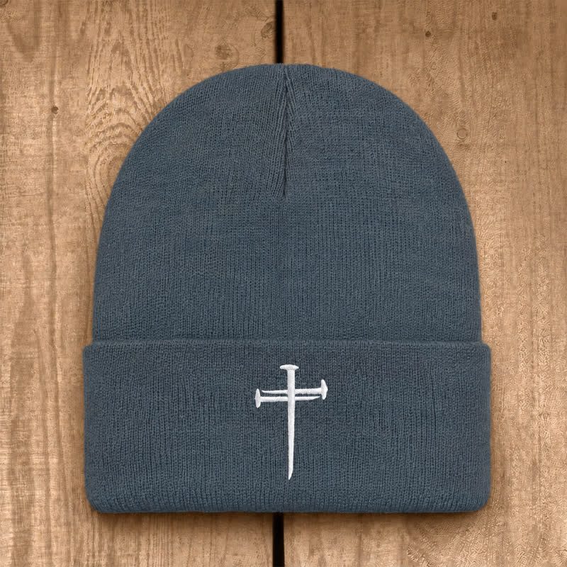 Christianartworkshop Nail Cross Print Unisex Cotton Knit Beanie - Silver Gray - image 4
