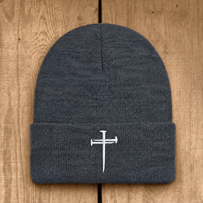 Christianartworkshop Nail Cross Print Unisex Cotton Knit Beanie - Dark Heather Gray - image 5